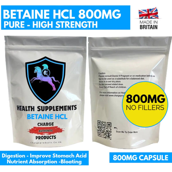 Betaine HCL 800mg Capsules | Improve Stomach Acid| Heartburn Relief | Improved Nutrient Absorption